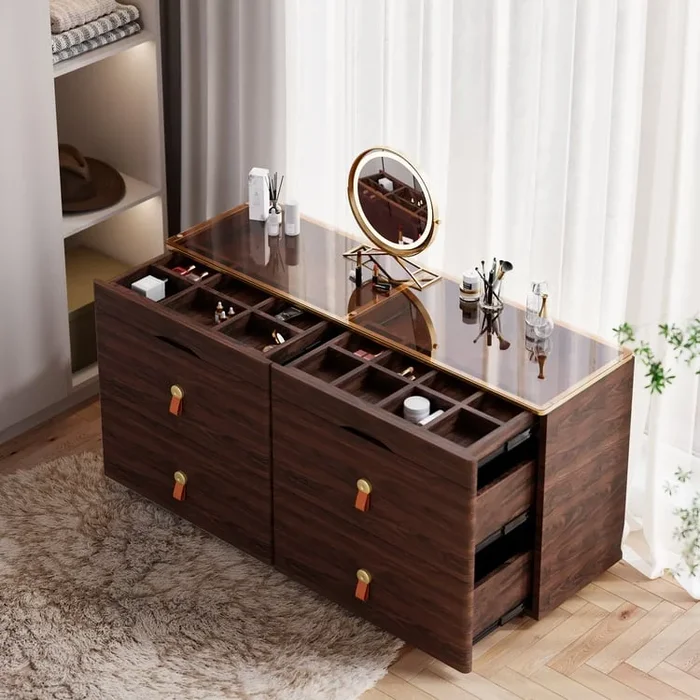 1200mmW Modern Glass Walnut Wood Dresser 6 Drawer Closet Island with Jewelry Display Storage
