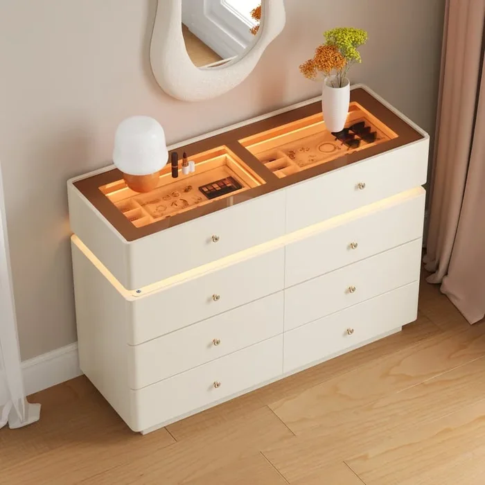47″ Glass Top Walk-in Closet Island 8-Drawer Dresser with Light