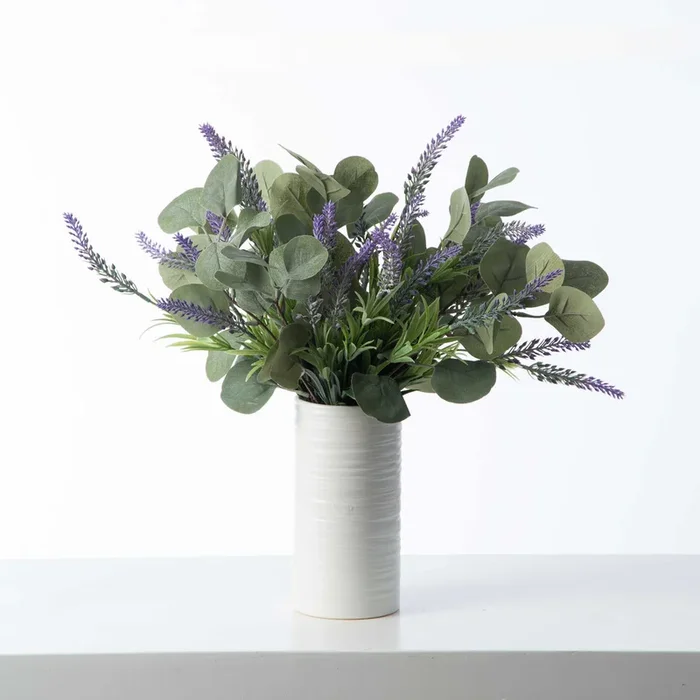 Faux Lavender & Eucalyptus Bundle in White Cylinder Ceramic Vase All Seasons Everyday Arrangement