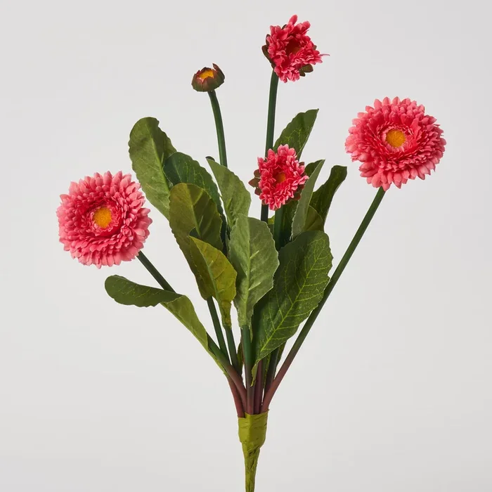 Hot Pink Silk English Daisy Bush Bloom & Leaf Foliage Stem Bouquet – 14″