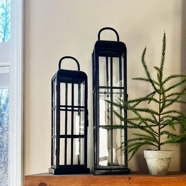 Large Black Metal Frame Outdoor Tempered Glass Lanterns, Set of Two – Decor Steals