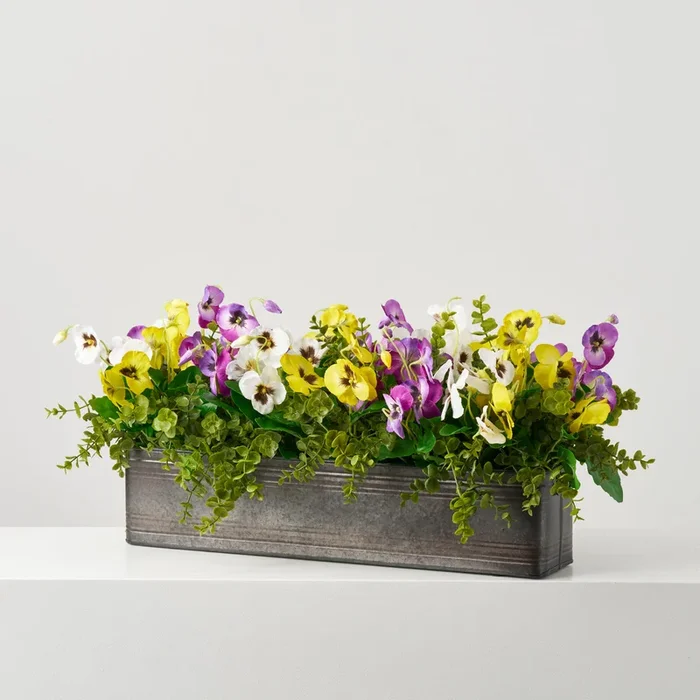 Large Mixed Yellow, White & Purple Pansy Blooms with Eucalyptus Greenery in Metal Tin Outdoor Window Box Filler Arrangement