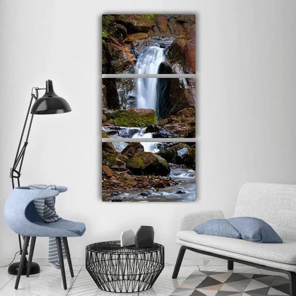 Long Exposure River Waterfall Over Rocks Vertical Canvas Wall Art
