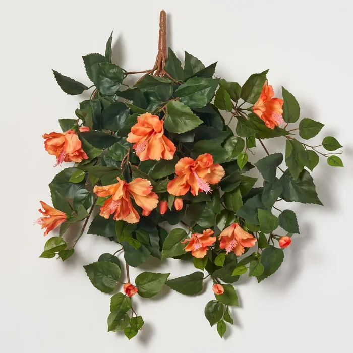 Orange Hibiscus Bloom & Bud 26″ Hanging Tropical Faux Floral Bush Spray