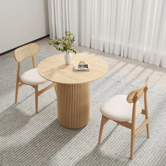 Round Small Dining Table & Natural Rattan 2-Piece Upholstered Dining Chairs Set