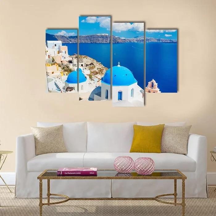 Santorini Blue Dome and Ocean View Canvas Wall Art