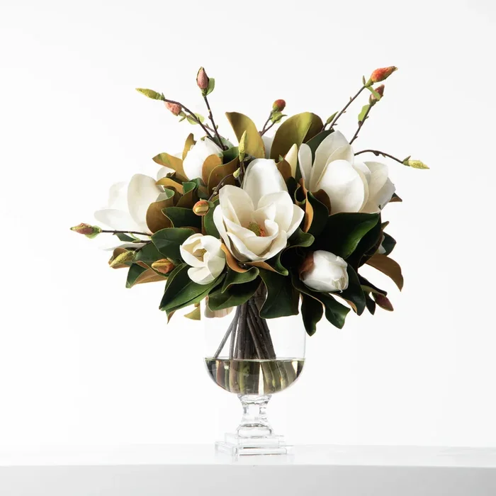 Southern Elegance Real Touch Magnolia Bloom & Bud Branch In Large Footed Urn Vase Water Illusion Arrangement