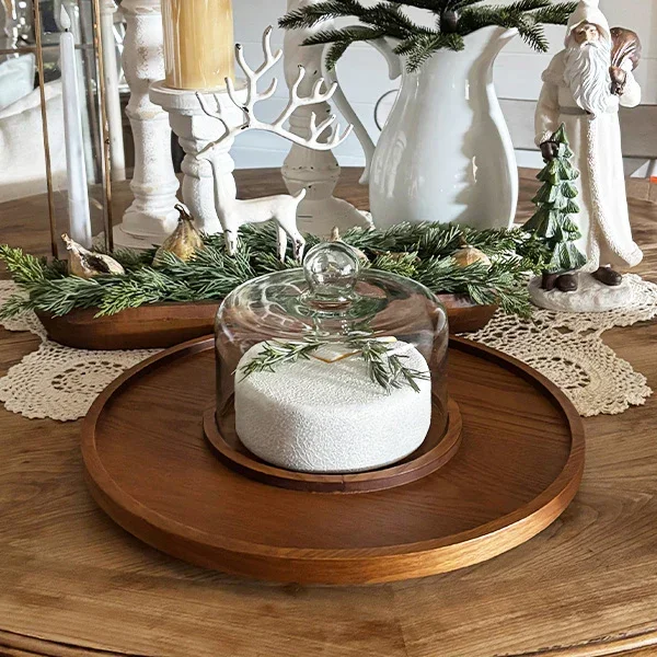 Tabletop Round Wood Serving Tray with Cloche – Decor Steals