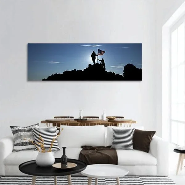 Two Soldiers Raise The American Flag Panoramic Canvas Wall Art