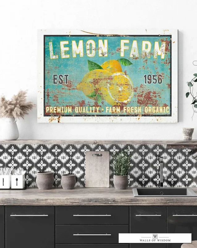 Vintage ” Lemon Farm ” Sign Canvas Wall Art – Bright and Cheery Summer Kitchen Signs