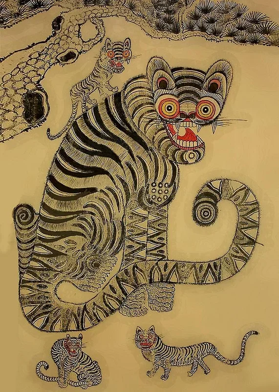 Vintage Korean Tiger Minhwa Hanging Scroll
