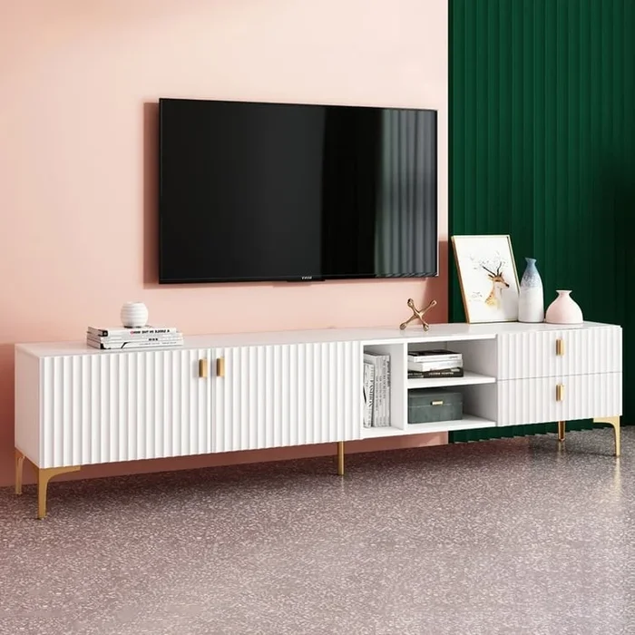 White Wood TV Stand in Gold for TVs up to 2159mm with 3 Shelves, 2 Drawers, 2 Doors