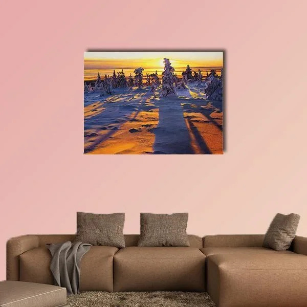 Winter Sunrise Over Snowy Trees Canvas Wall Art