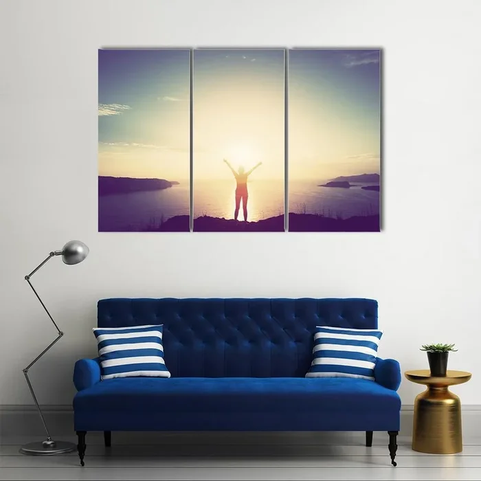 Woman on Cliff at Sunset Canvas Wall Art