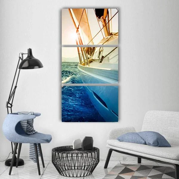 Yacht Sailing Against Sunset Vertical Canvas Wall Art