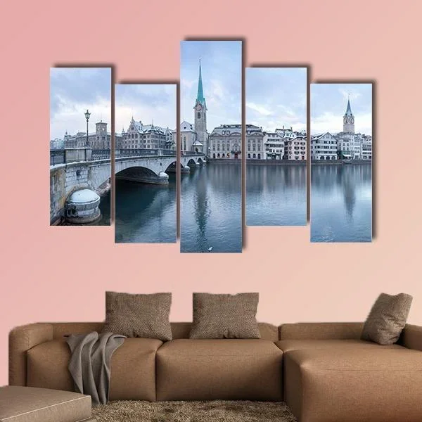 Zurich Winter Lake with Church Steeple Canvas Wall Art